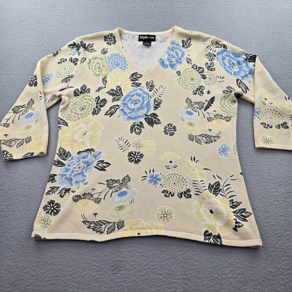 Style & Co Sweater Womens Medium Beige Floral Cotton V Neck Knit Quarter Sleeve
